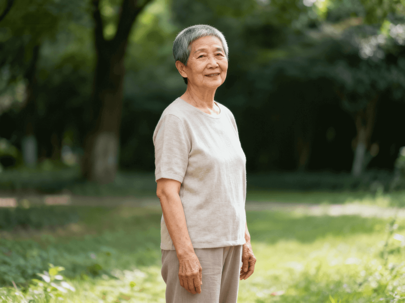 Elegant older woman with silver buzz cut